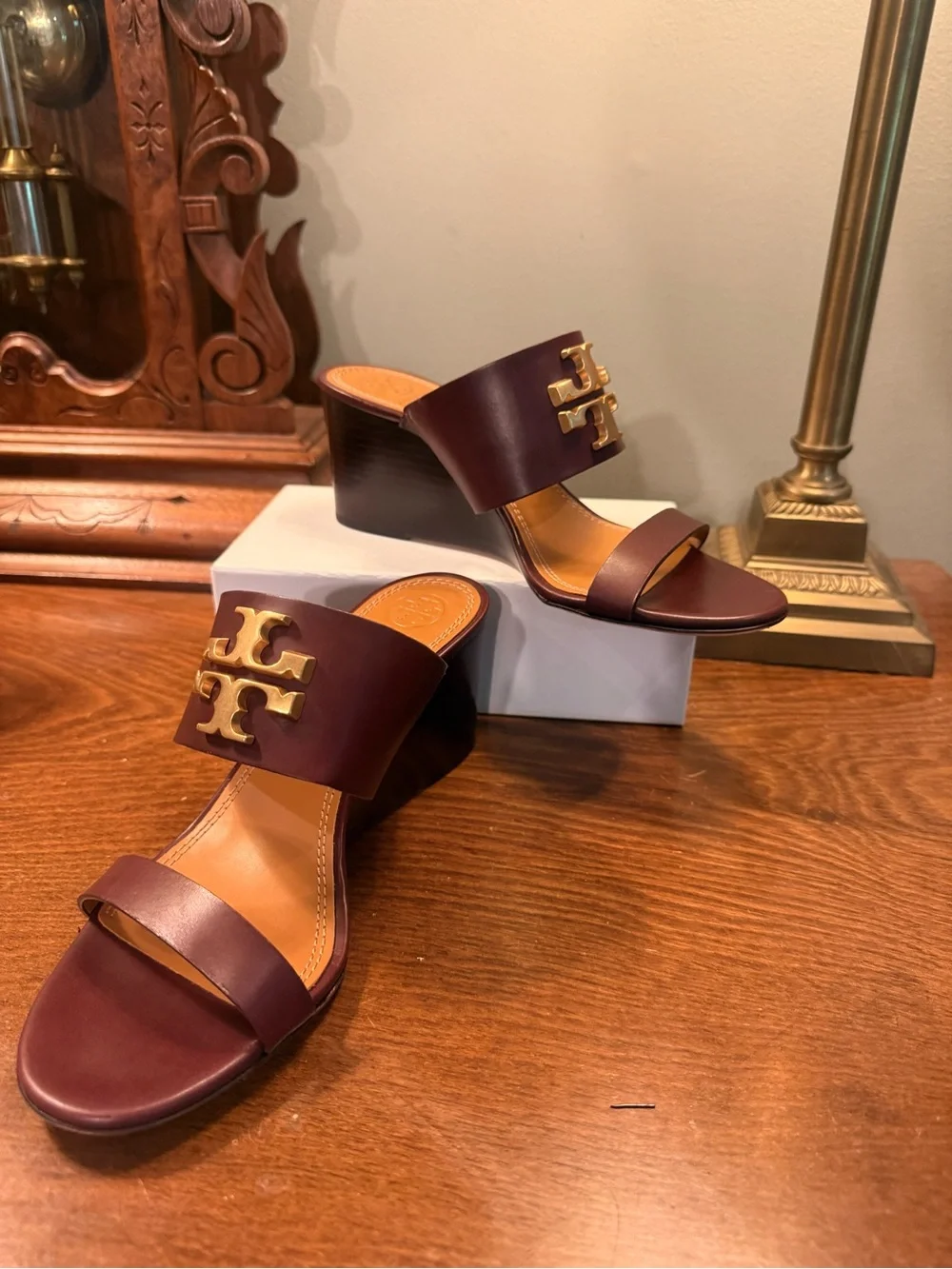 Tory Burch Burgundy Leather Wedge Sandals with Gold Logo